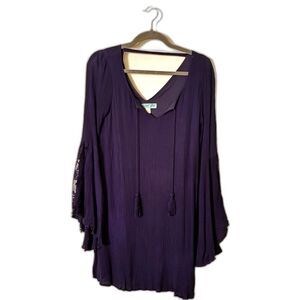 Dark Blue Boho Long Sleeve Tunic Dress | SMALL